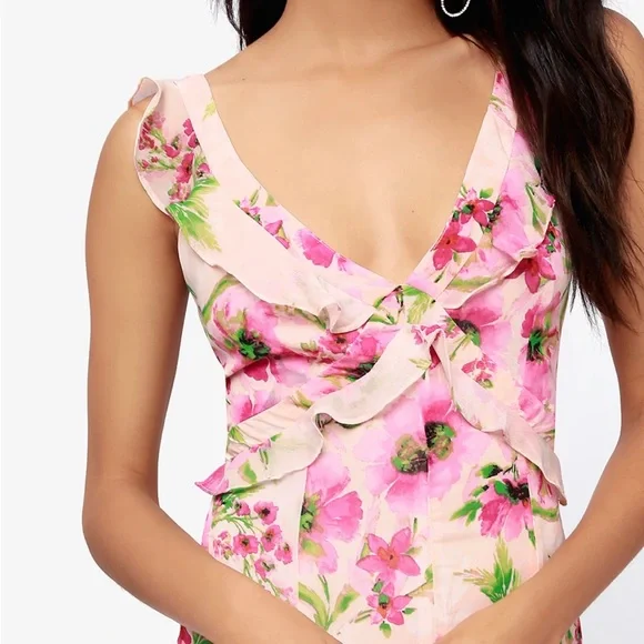 Lulu’s Feeling Fleur-ty Blush Pink Floral Print Ruffled Maxi Dress Size XL - Picture 2 of 5